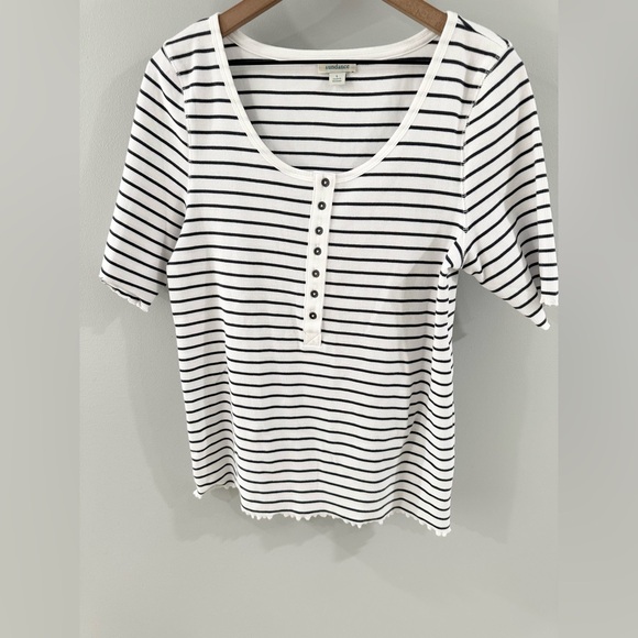 Sundance Gray & White Stripe Short Sleeve Ribbed Knit Henley Size Large - Picture 4 of 6
